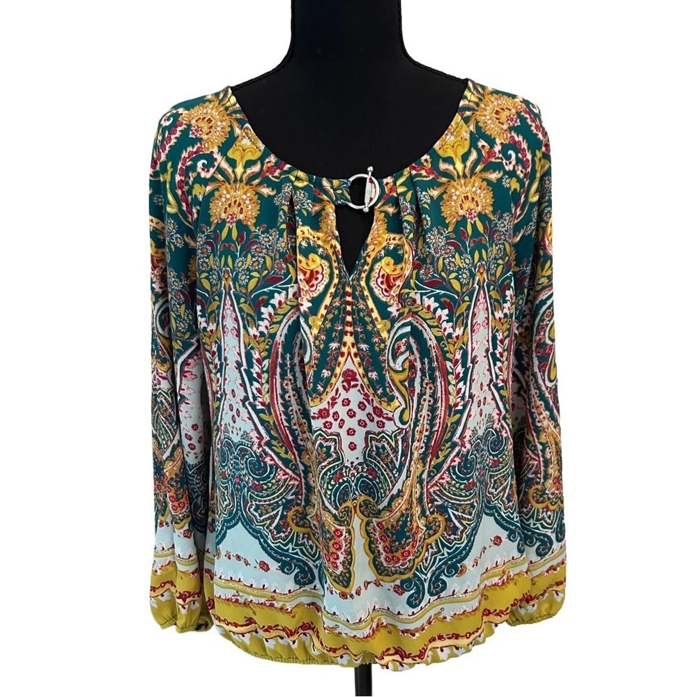 New York & Company Boho Multicolor Paisley Blouse Toggle Feature at Neckline S